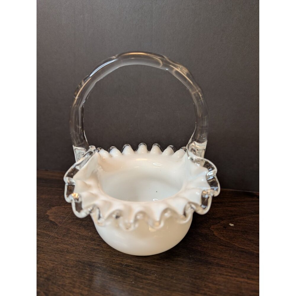 Vintage Fenton Milk Glass Ruffled Basket With Clear Glass Handle 6" T X 5" W